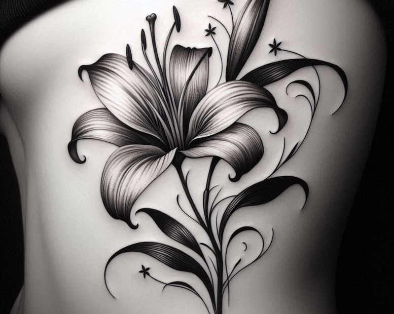 Lily flower in black and grey ink with leaves and stem; tattoo project; not primarily for cover-up.