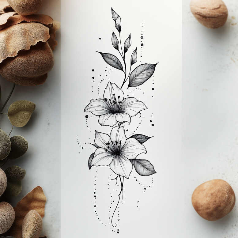 Black and grey linework of two lilies with leaves and dotted accents; tattoo design idea, pattern-friendly and suitable for a cover-up.