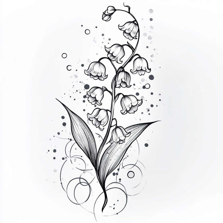 Black and grey lily of the valley stem with leaves; linework tattoo design concept; project idea; not ideal for cover-up.