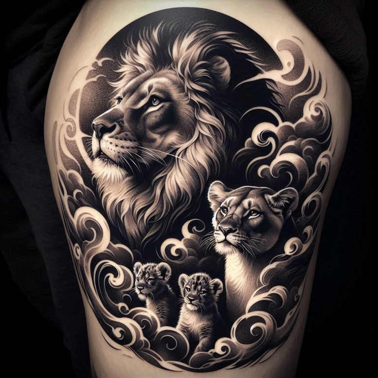 Lion, cub, and cloud in black and grey; a tattoo project with cover-up potential.