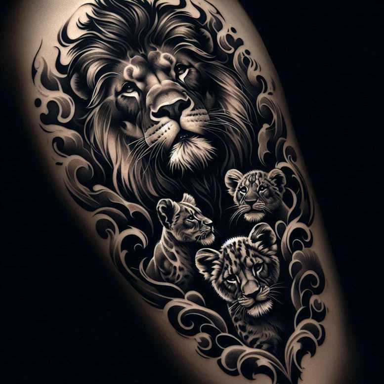 Lion with cubs, in black-and-grey, swirls around on dark skin; cover-up-ready tattoo idea.