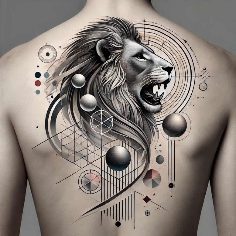 Lion head in black and grey with circles, orbs, lines, and geometric shapes; tattoo project; cover-up suitable.