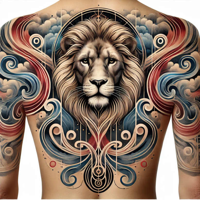 Colorful full-back tattoo showing a lion head within a circular mandala, surrounded by red and blue ornamental swirls and clouds; color, project concept, not intended as a cover-up.