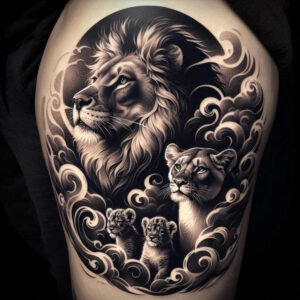 lion-and-pride – tattoo design ideas free ai generated – neotraditional-rich-shading – for-behind-ear – Gallery: lions-inkby-ai