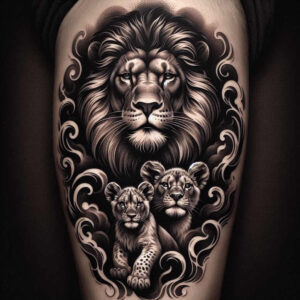 lion-in-motion – tattoo design ideas free ai generated – realism-illusion-of-depth – for-calf – Gallery: lions-inkby-ai