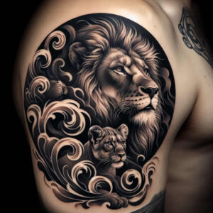 lion-in-motion – tattoo design ideas free ai generated – realism-photo-accuracy – for-side-torso – Gallery: lions-inkby-ai