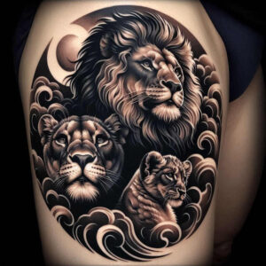 lion-in-shadow – tattoo design ideas free ai generated – neotraditional-artful-color – for-temple – Gallery: lions-inkby-ai