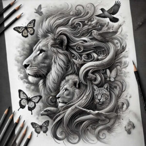 lion-protection-symbol – tattoo design ideas free ai generated – realism-high-contrast – for-back-shoulder – Gallery: lions-inkby-ai