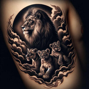 lion-symbol-of-royalty – tattoo design ideas free ai generated – neotraditional-balanced-color – for-thigh – Gallery: lions-inkby-ai