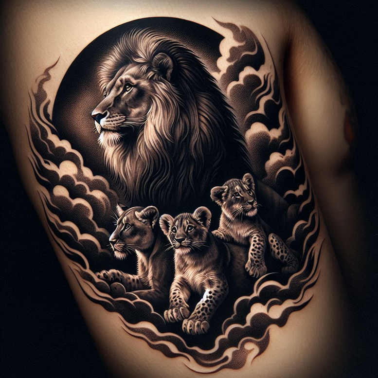 lion-symbol-of-royalty – tattoo design ideas free ai generated – neotraditional-balanced-color – for-thigh – Gallery: lions-inkby-ai