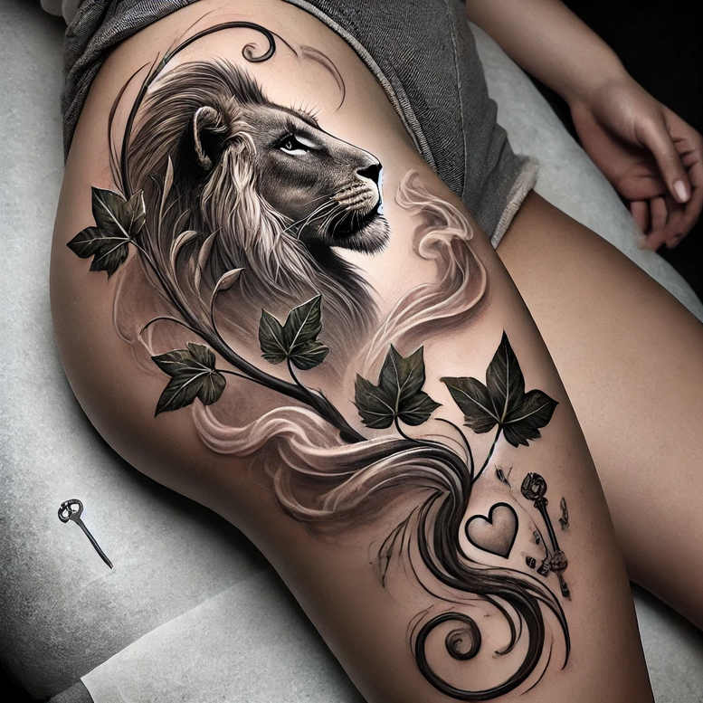 lion-tattoo – tattoo design ideas free ai generated – surrealism-morphic-transformation – for-lower-leg – Gallery: lions-inkby-ai