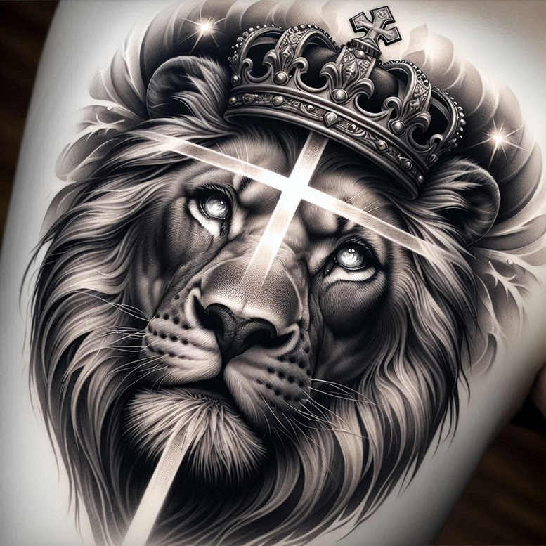 lion-with-crown-and-flames – tattoo design ideas free ai generated – realism-contrast-ink – for-sternum – Gallery: lions-inkby-ai