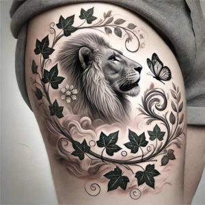lion-with-feathers – tattoo design ideas free ai generated – neotraditional-solid-blacks – for-triceps – Gallery: lions-inkby-ai