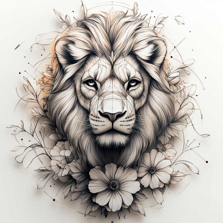 lion-with-feathers – tattoo design ideas free ai generated – realism-high-fidelity – for-back-shoulder – Gallery: lions-inkby-ai