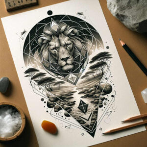 lion-with-mane – tattoo design ideas free ai generated – surrealism-melting-forms – for-upper-shoulder – Gallery: lions-inkby-ai
