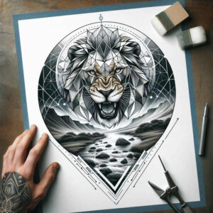 lion-with-strength – tattoo design ideas free ai generated – realism-depth-of-field – for-behind-ear – Gallery: lions-inkby-ai