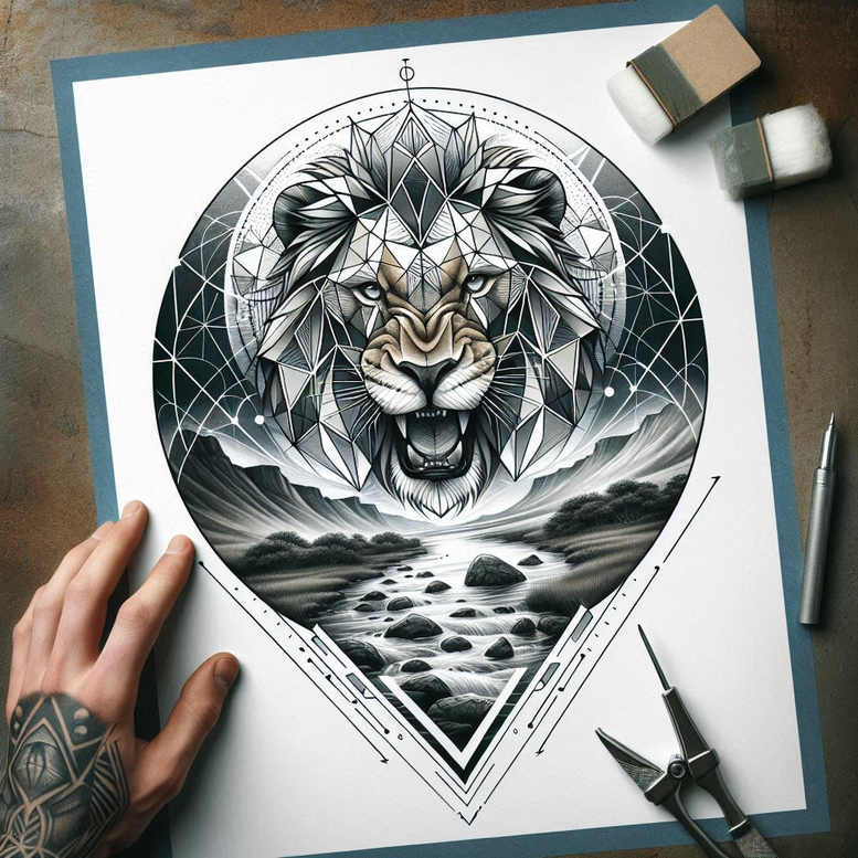 lion-with-strength – tattoo design ideas free ai generated – realism-depth-of-field – for-behind-ear – Gallery: lions-inkby-ai