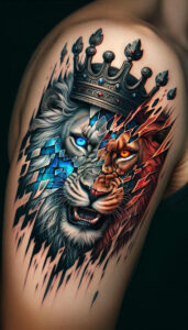 mystical-lion – tattoo design ideas free ai generated – neotraditional-smooth-gradients – for-upper-thigh – Gallery: lions-inkby-ai