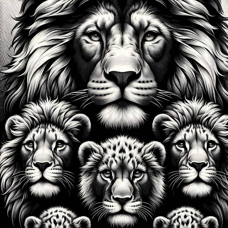 Lions in a black and grey composition: four lion heads (adult and cubs), tattoo project, cover-up suitable.