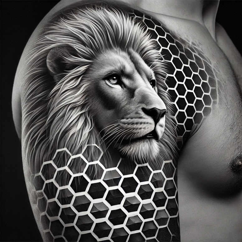 lions tattoo design ideas Surrealism abstract forms detailed fur for sternum