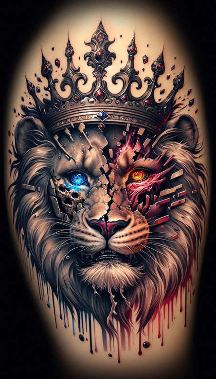 Lion, crown, skull, eye, shard, and blood in black and grey tattoo design; blue eye and orange eye accents; cover-up-ready project.