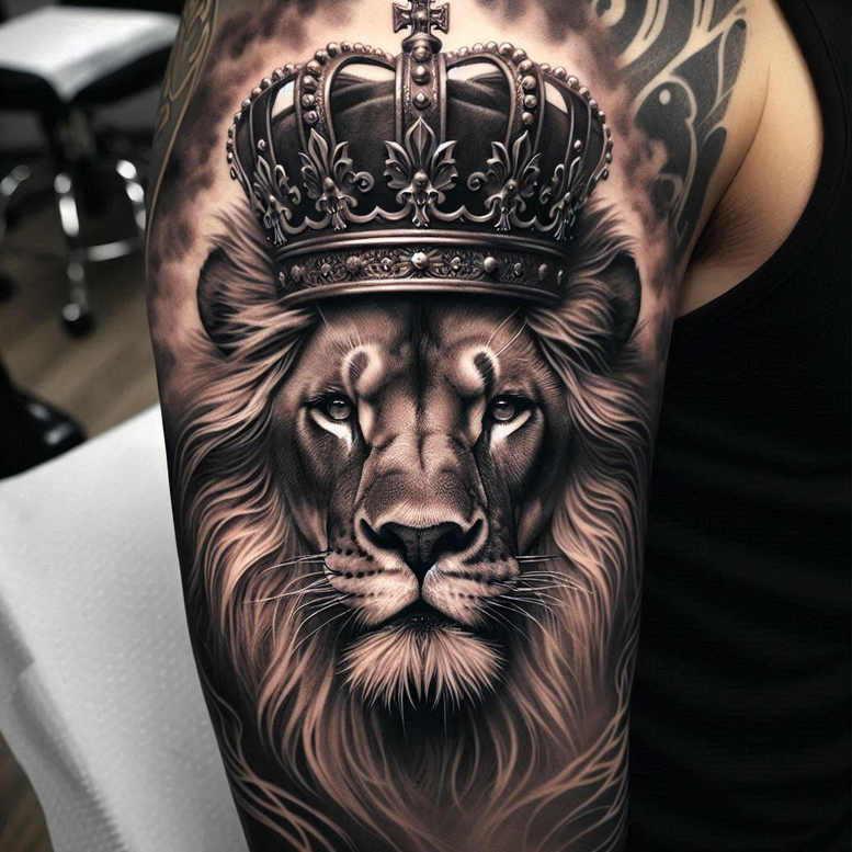 Lion and crown on the upper arm in black and grey tones; tattoo project; cover-up suitable.
