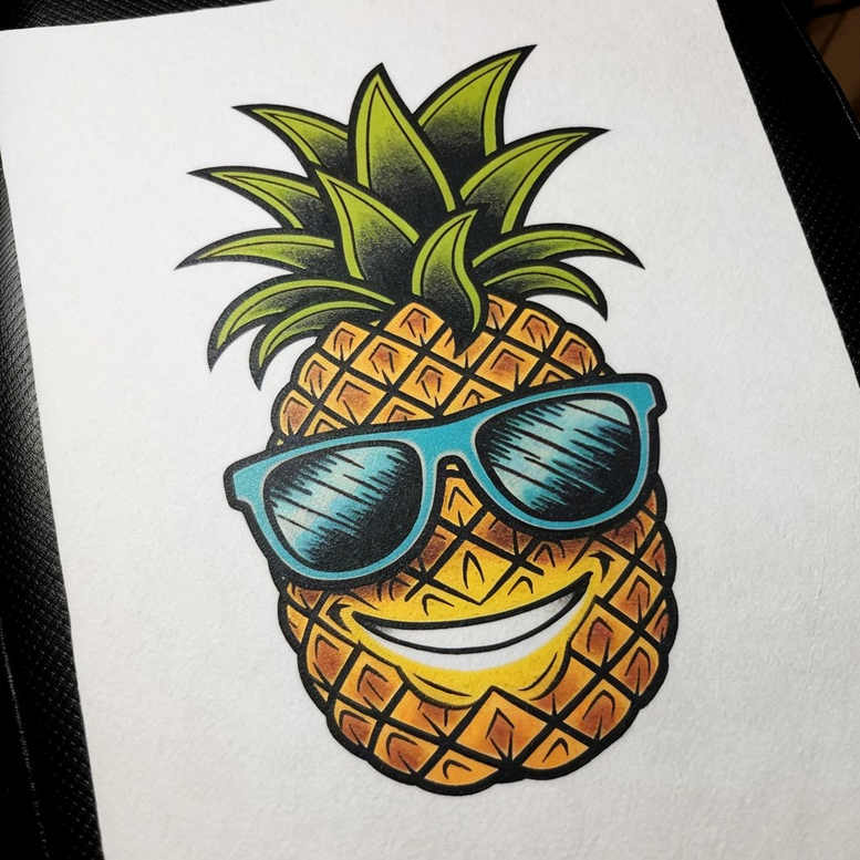 Colorful pineapple with spiky green leaves wearing blue sunglasses; color tattoo concept, minimalist style, concept sketch, not finalized, not a cover-up.