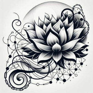 Black and grey lotus tattoo with chain, circles, dots, lines, and geometric pattern; cover-up suitable; project idea.