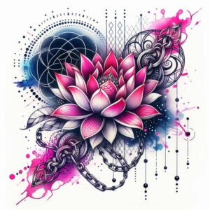 Lotus flower in pink and purple tones with a black chain, geometric circles, and blue-pink ink splashes; AI-generated tattoo project; not ideal for cover-up.