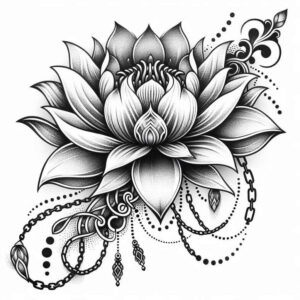 Lotus flower in black and grey with flowing chains and dangling pendants; a project idea for a tattoo design.