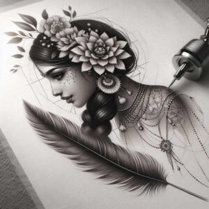 Black and grey tattoo study of a woman's profile with lotus crown; visible elements include lotus, feather, earring, necklace, and machine; project concept; suitable for cover-up: no.