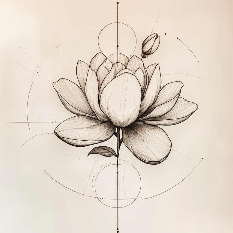Lotus flower in black and grey with geometric circles and lines; pencil sketch style; tattoo project idea; not ideal for a cover-up.