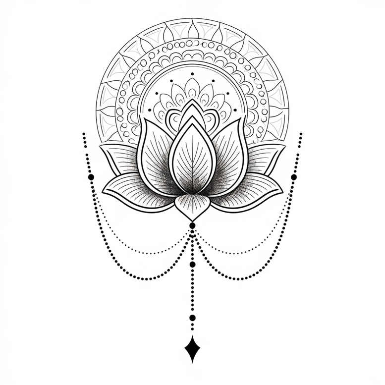 Lotus, mandala, beads, and diamond; black and grey; tattoo project concept; not intended for cover-up.