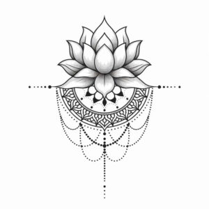 Lotus flower in black and grey linework atop a decorative mandala with bead chains; tattoo design concept, not a cover-up.