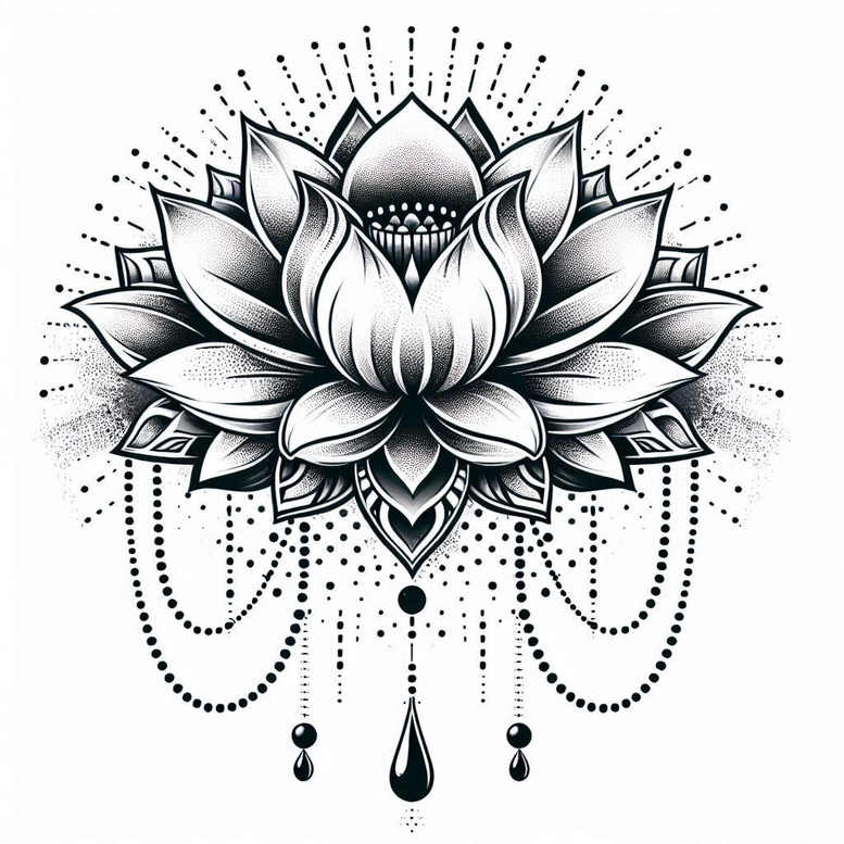 Lotus in black and grey with layered petals, dotted mandala halo, bead chains, and teardrop pendants; a tattoo design idea; suitable for cover-up.