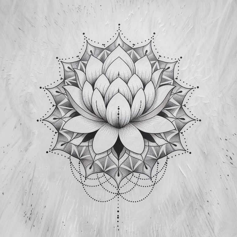 Lotus flower in black and grey with layered petals, surrounded by a dotted mandala pattern and fine line shading.