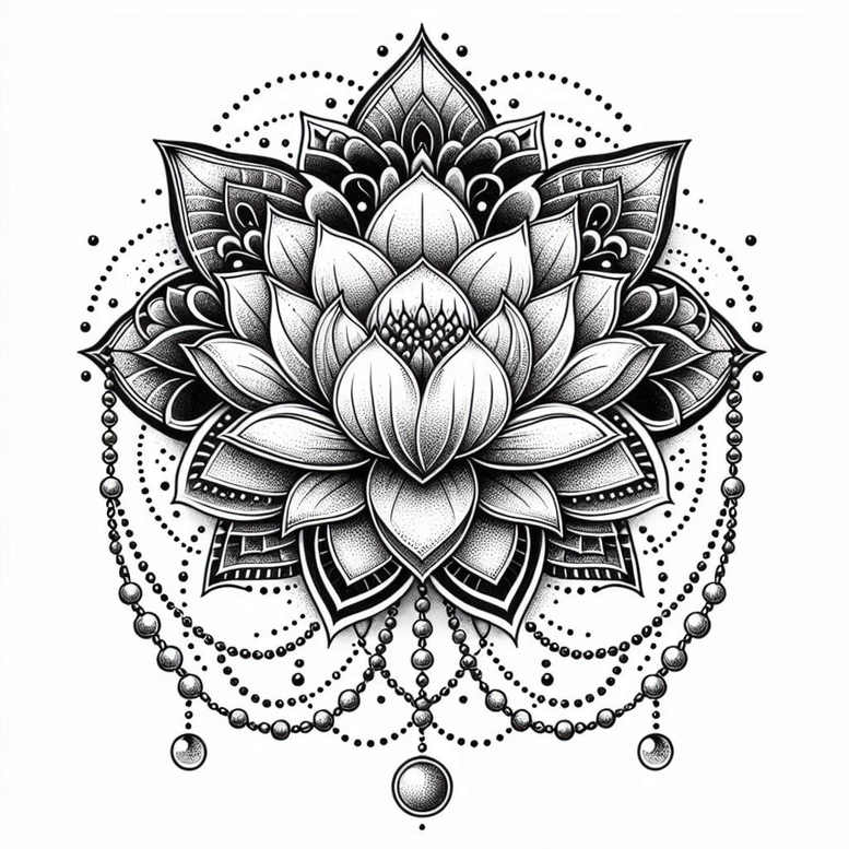 Lotus mandala tattoo design in black and grey with a beaded chain and hanging orb; fine-line pattern project idea; not suitable for cover-up.