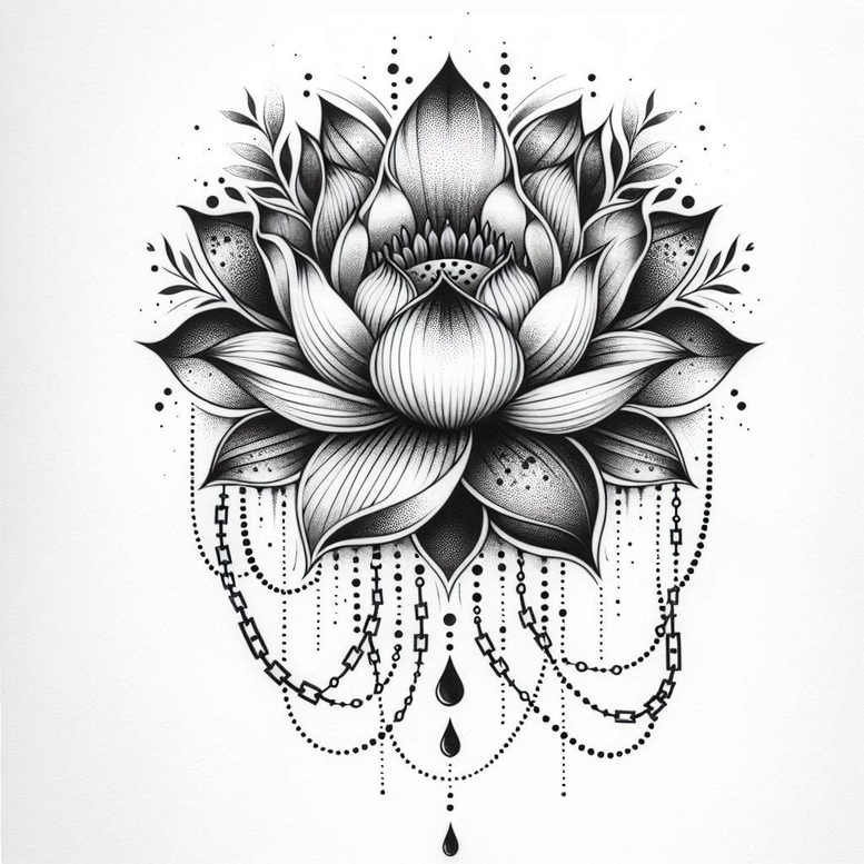 Lotus, chain, bead, and teardrop elements in black and grey; tattoo design idea, suitable for a cover-up.