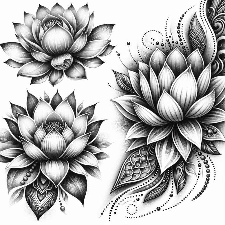 Three lotus flowers in black and grey ink with fine line shading and dotwork pattern; tattoo project idea; suitable for a cover-up.