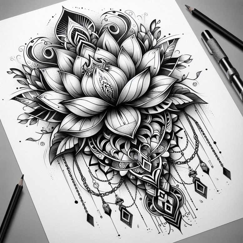 artistic-lotus – tattoo design ideas free ai generated – single-dot – for-collarbone – Gallery: lotuses-inkby-ai