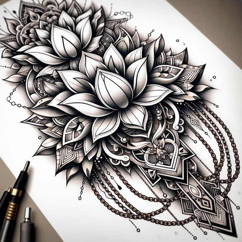 geometric-lotus – tattoo design ideas free ai generated – no-shading – for-lower-back – Gallery: lotuses-inkby-ai