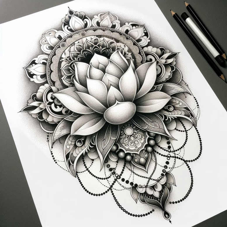 lotus-and-calm – tattoo design ideas free ai generated – discreet – for-shin – Gallery: lotuses-inkby-ai