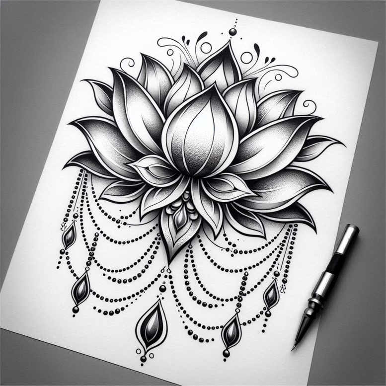 lotus-harmony-symbol – tattoo design ideas free ai generated – clear-edge – for-calf – Gallery: lotuses-inkby-ai