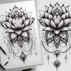 lotus-life-symbol – tattoo design ideas free ai generated – silent – for-lower-chest – Gallery: lotuses-inkby-ai
