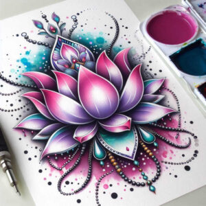 lotus-with-color – tattoo design ideas free ai generated – no-shading – for-ribs – Gallery: lotuses-inkby-ai
