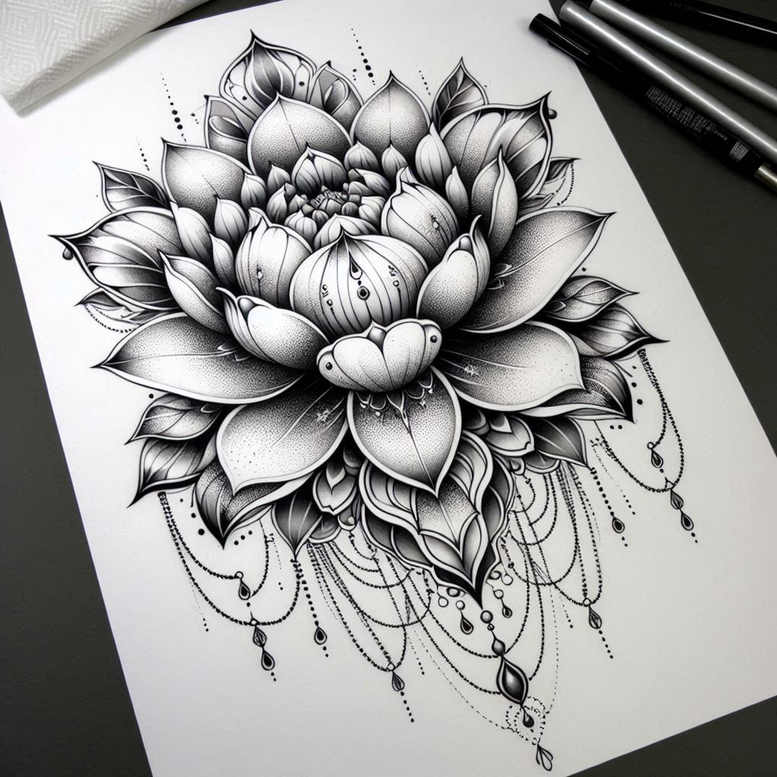 lotus-with-details – tattoo design ideas free ai generated – single-line – for-spine – Gallery: lotuses-inkby-ai