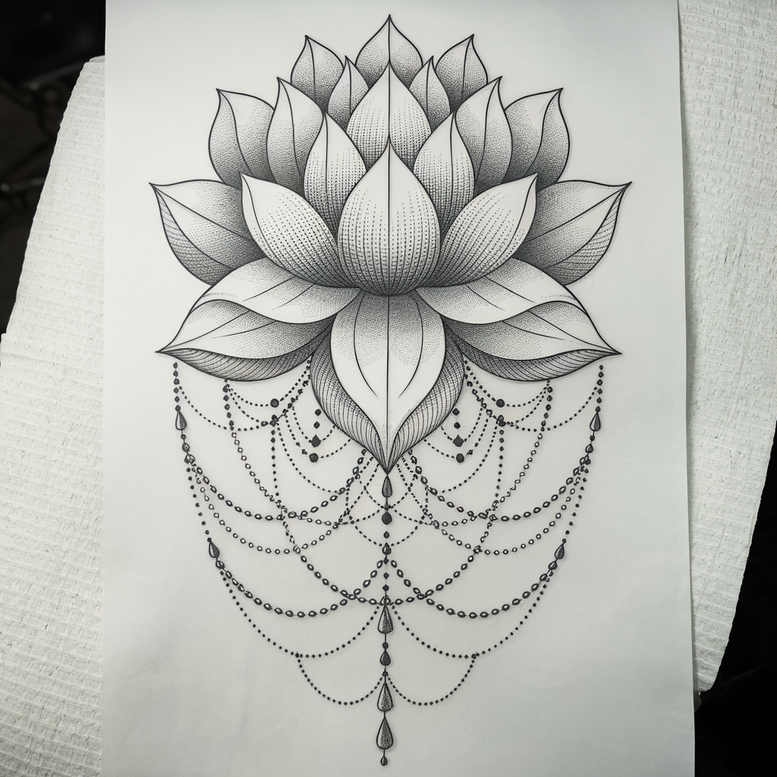 lotus-with-details – tattoo design ideas free ai generated – tiny-motif – for-lower-back – Gallery: lotuses-inkby-ai