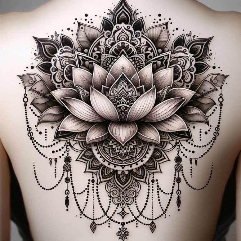 lotus-with-flowers – tattoo design ideas free ai generated – point-minimal – for-nape – Gallery: lotuses-inkby-ai