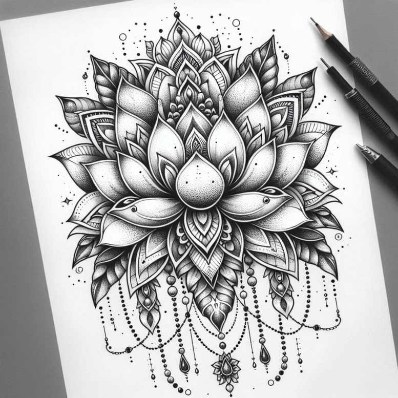 lotus-with-leaves – tattoo design ideas free ai generated – gentle-angle – for-upper-thigh – Gallery: lotuses-inkby-ai