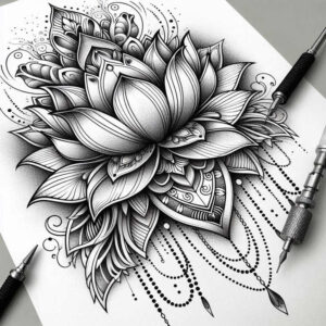 lotus-with-line – tattoo design ideas free ai generated – iconic – for-back-shoulder – Gallery: lotuses-inkby-ai